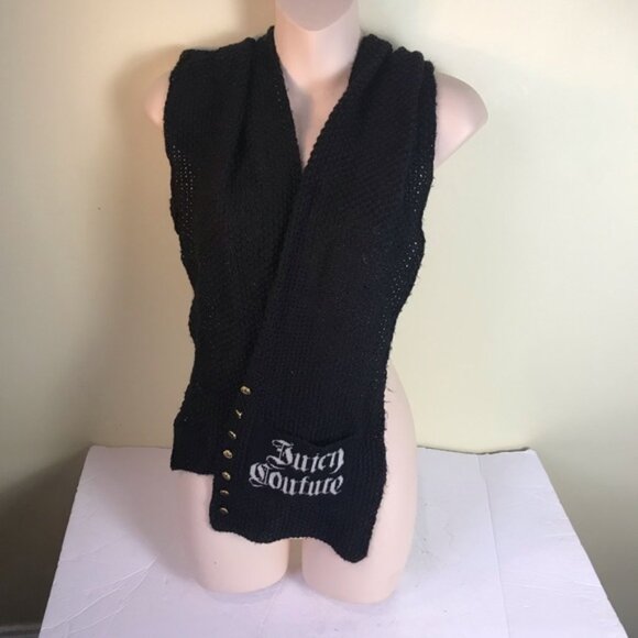 Juicy Couture NEW Knit Scarf Logo Gold Buttons Soft Warm Black White Rectangle - Picture 1 of 14